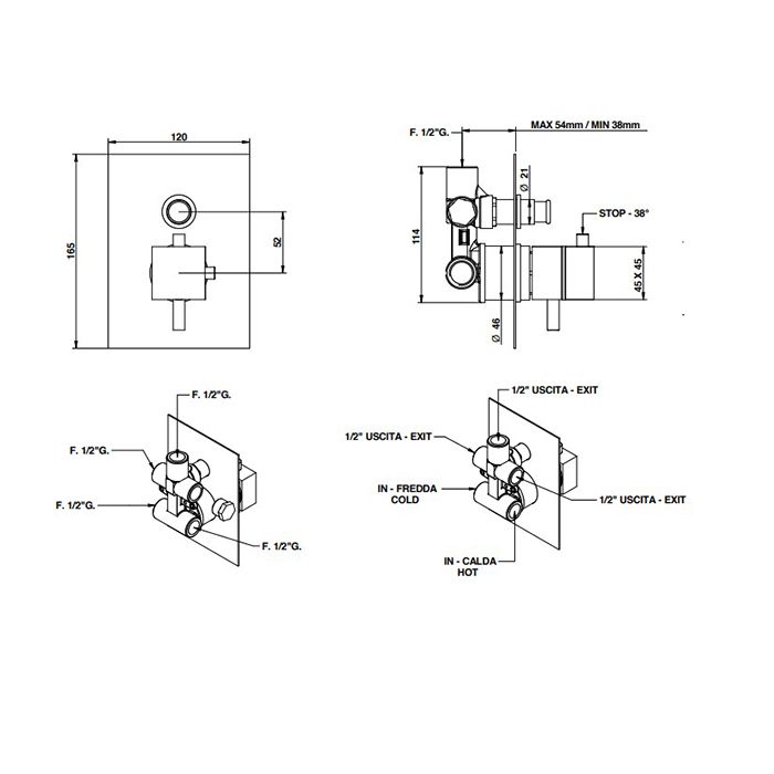 Bongio Domino Q Встраиваемый термостат для душа, на 2 источника, внутренняя+внешняя часть, цвет золото