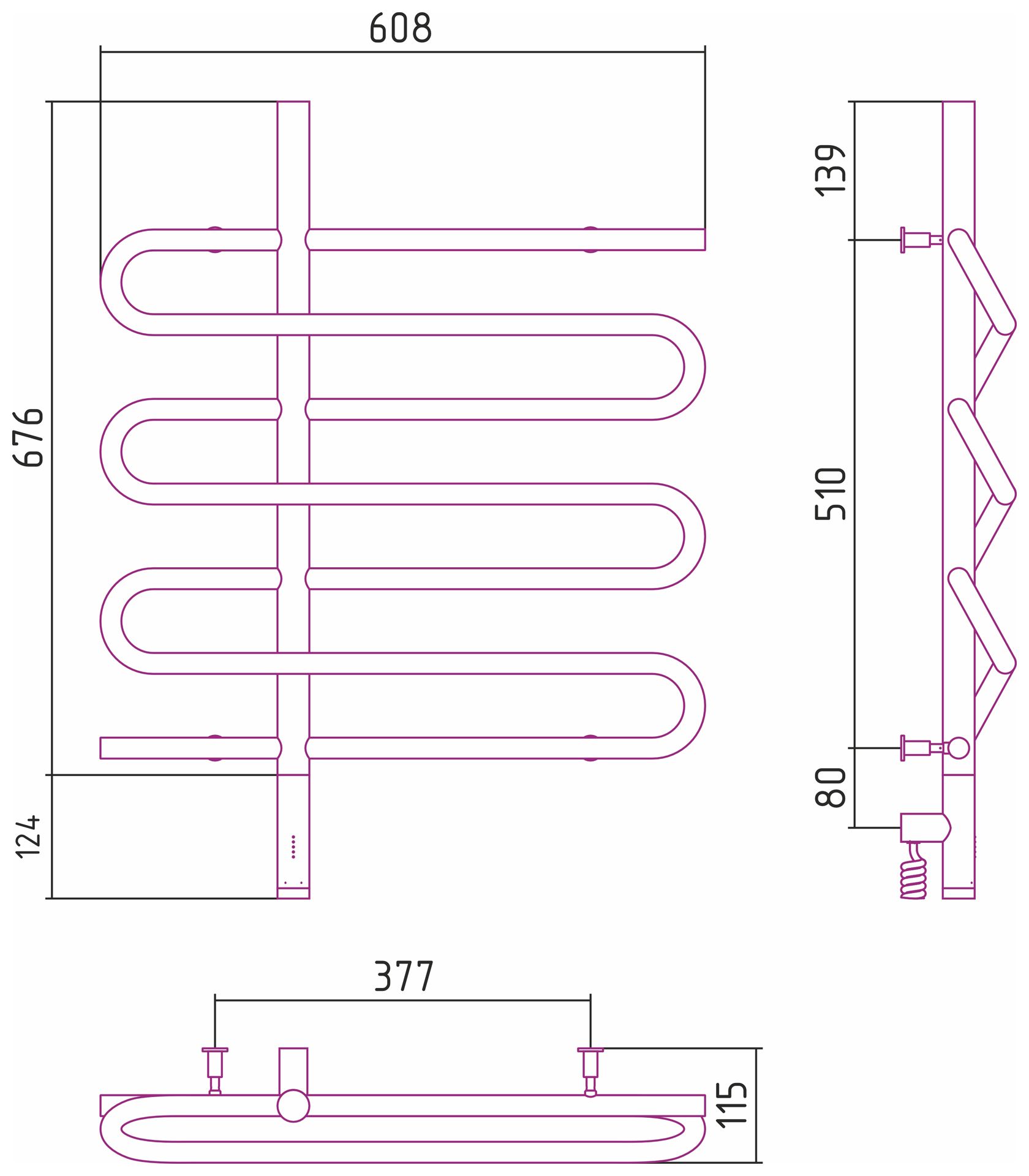 Полотенцесушитель электрический ЭПАТАЖ 3.0 800х600 МЭМ левый (Матовый чёрный)