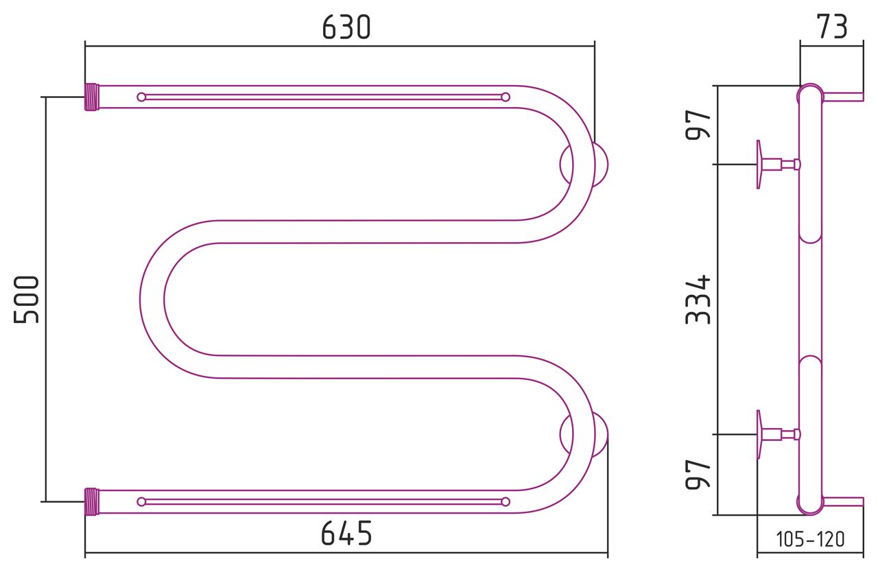 Полотенцесушитель "СТИЛЬЕ" М-обр. 2П 500х650 резьба-сгон 1" (Без покрытия) Полотенцесушитель "СТИЛЬЕ" М-обр. 2П 500х650 резьба-сгон 1" (Без покрытия)