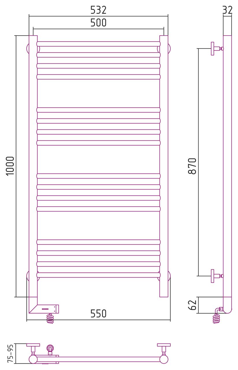 Полотенцесушитель электрический "БОГЕМА 2.0" прямая 1000х500 / МЭМ левый (Без покрытия)