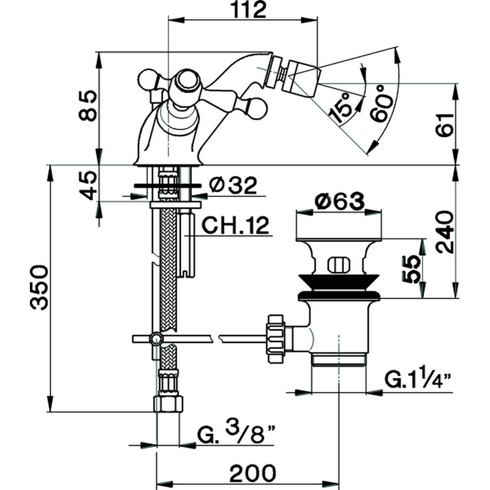 CISAL Arcana America Смеситель для биде на 1 отверстие, с донным клапаном, цвет золото