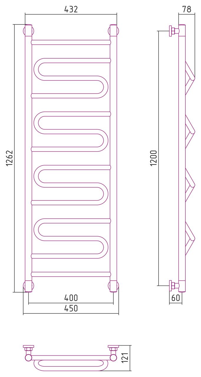 Полотенцесушитель водяной "ЭЛЕГИЯ+" 1200х400 (Матовый черный)