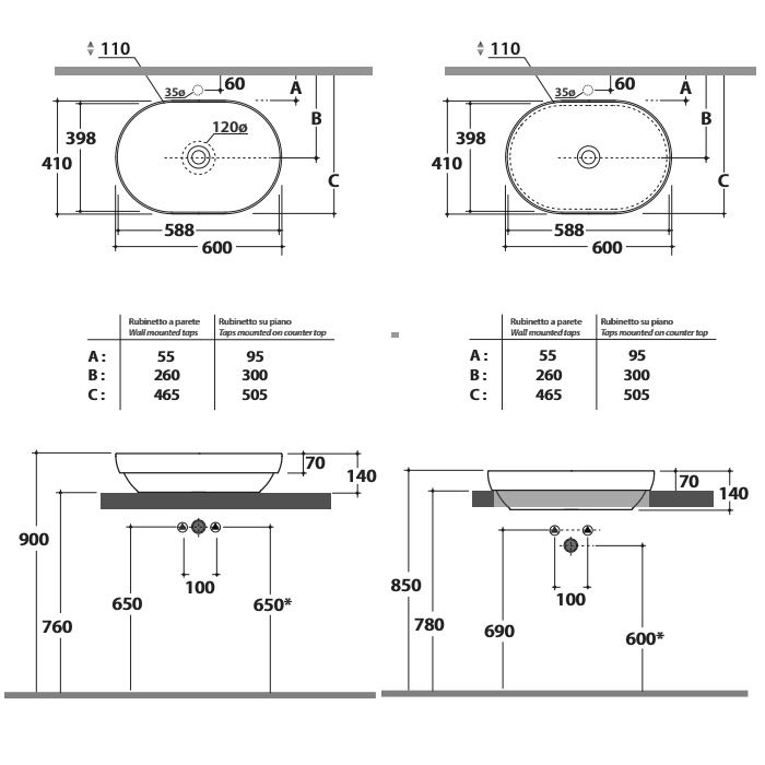 GLOBO T-Edge  Раковина-чаша на столешницу 60х41Х14 см, без отв под смеситель, цвет Senape