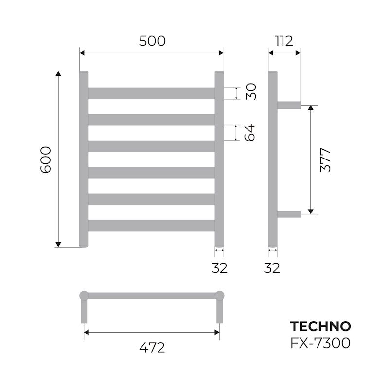 Полотенцесушитель электрический Fixsen TECHNO 600х500 FX-7300, хром, артикул FX-7300