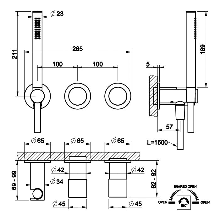 GESSI HABITO CESELLO Смеситель настенный встраиваемый, однорычажный, с перекл. на 2 пол., с ручным душем, настенным держат., цвет Black Metal Br. PVD