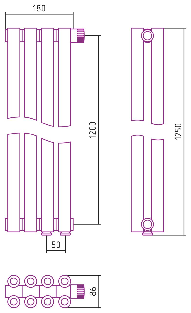 Отопительный радиатор ЭСТЕТ-00 н/ж EU50 1200х180 / 4 сек (Состаренная БРОНЗА)