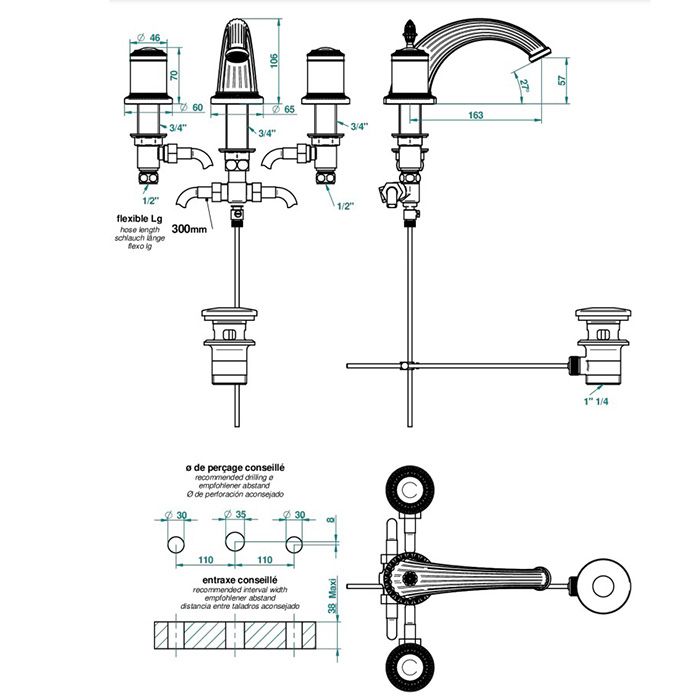 THG MALMAISON PORTORO Смеситель для раковины на 3 отверстия, с донным клапаном, цвет состаренный никель