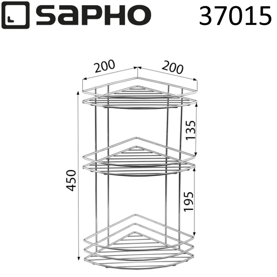 Полка CHROM LINE угловая, тройная, из стальной проволоки с бортиками, 200x485x200 мм, хром, Sapho, артикул 37015