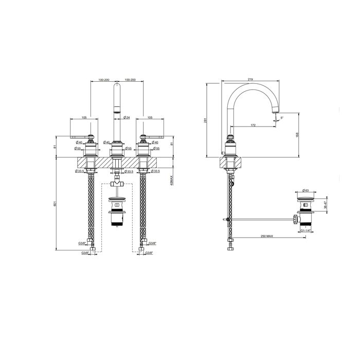 GESSI VENTI20 Смеситель для раковины на 3 отверстия, высота излива 168 мм., в комплекте с донным клапаном, цвет Nickel PVD