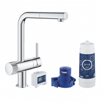Смеситель для кухни GROHE Blue Pure Minta, без электроники с L-образным выдвижным изливом, для подачи смешанной и фильтрованной воды, с головкой для фильтра и счетчиком, хром (30382000) Смеситель для кухни GROHE Blue Pure Minta, без электроники с L-образным выдвижным изливом, для подачи смешанной и фильтрованной воды, с головкой для фильтра и счетчиком, хром (30382000)