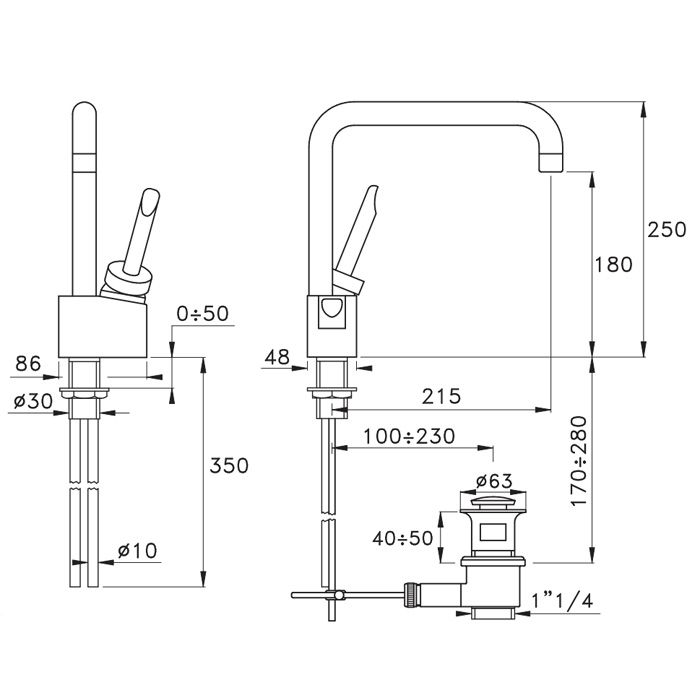 Stella Box Смеситель для раковины на 1 отверстие 3226, излив 215мм, с донным клапаном, цвет: хром