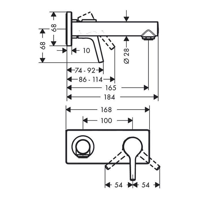 Смеситель для раковины, Hansgrohe, Talis S, тип открывания воды-однорычажный, тип регулирования воды-керамический узел смешивания, тип установки-настенный, отверстия для монтажа-2, вынос излива, мм-165, внутренняя часть-необходимо заказать, цвет-хром Смеситель для раковины, Hansgrohe, Talis S, тип открывания воды-однорычажный, тип регулирования воды-керамический узел смешивания, тип установки-настенный, отверстия для монтажа-2, вынос излива, мм-165, внутренняя часть-необходимо заказать, цвет-хром