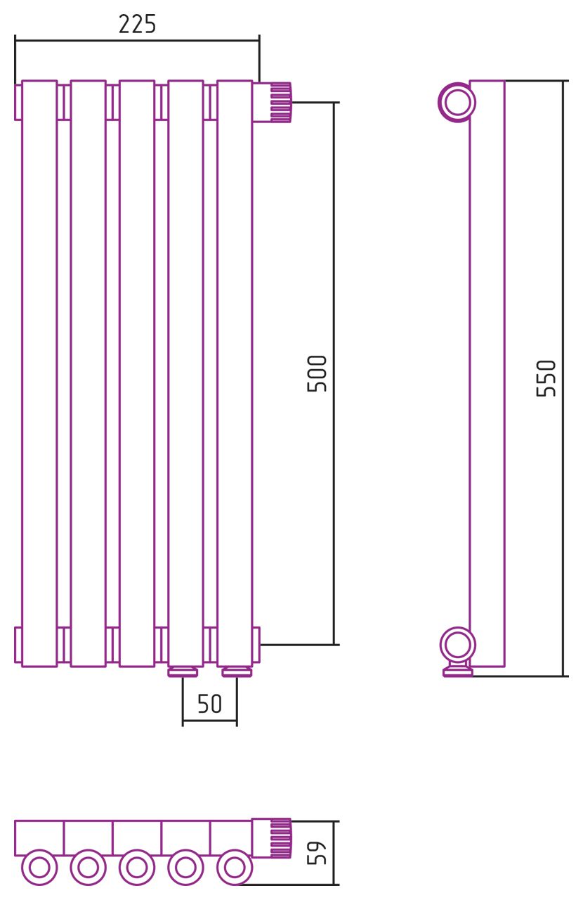 Отопительный радиатор ЭСТЕТ-0 н/ж EU50 правый 500х225 / 5 сек (Состаренная Латунь)