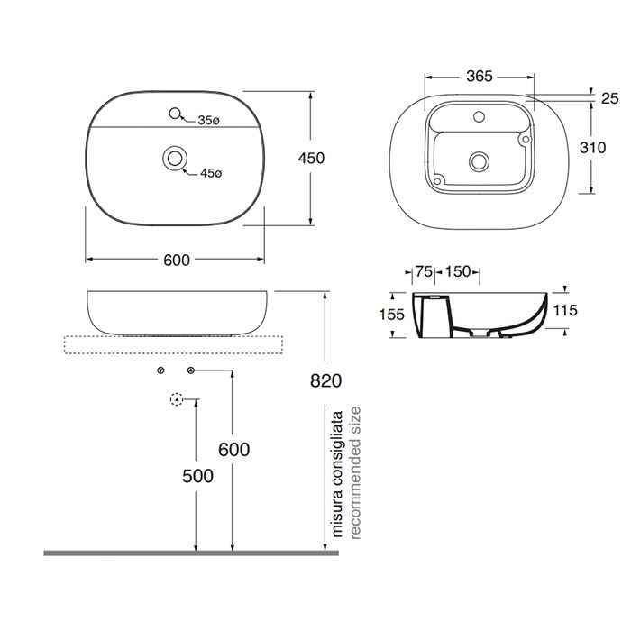 AZZURRA COMODA раковина накладная 60х45х15см с  1  отв. под смеситель , цвет carbone/coal
