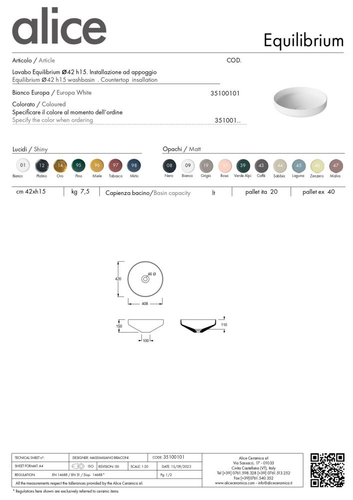 Alice Equilibrium, накладная круглая раковина Ø42х15h см, цвет белый глянцевый, артикул 35100101