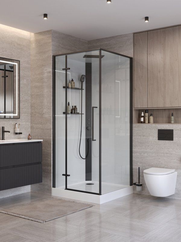 UNO-CAB-A-1-90-C-NERO-Bi-TOP-L Душевая кабина с задними стенками, смесителем, верхним и ручным душем, акриловым поддоном и крышей, левосторонняя, артикул UNO-CAB-A-1-90-C-NERO-Bi-TOP-L