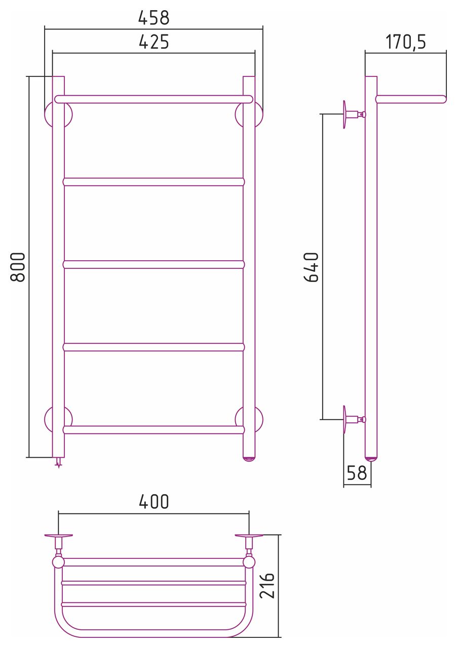 Электрический полотенцесушитель СТИЛЬЕ "Формат 30 Л" 800х400 (Полка + 4) П16 (Без покрытия)