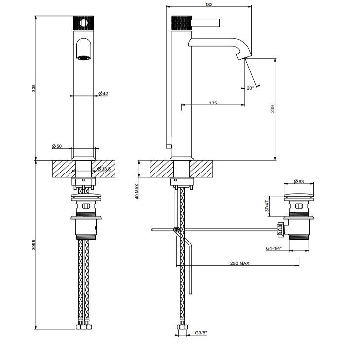 GESSI INCISO Смеситель для раковины на 1 отверстие, высокий h=337мм, с донным клапаном Цвет: хром