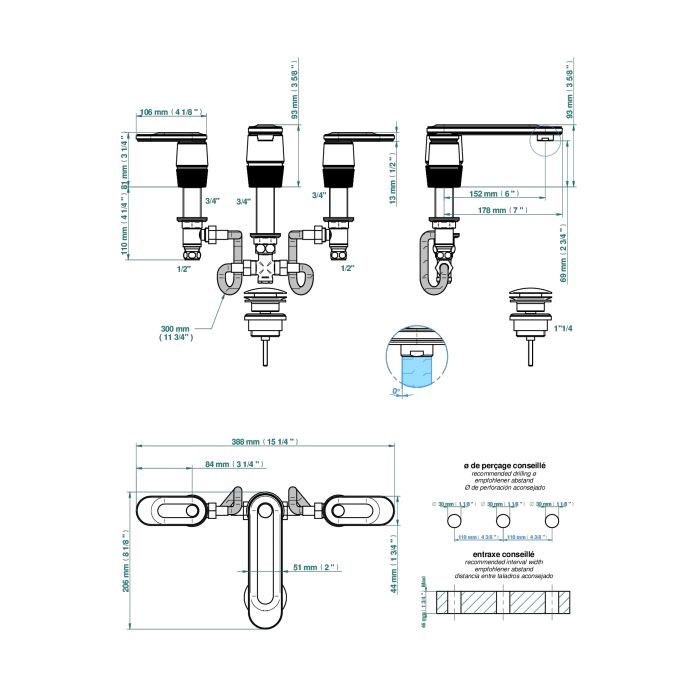 THG CORVAIR A MANETTES FIOR DI BOSCO Смеситель для раковины на 3 отверстия, с донным клапаном, цвет Blush PVD