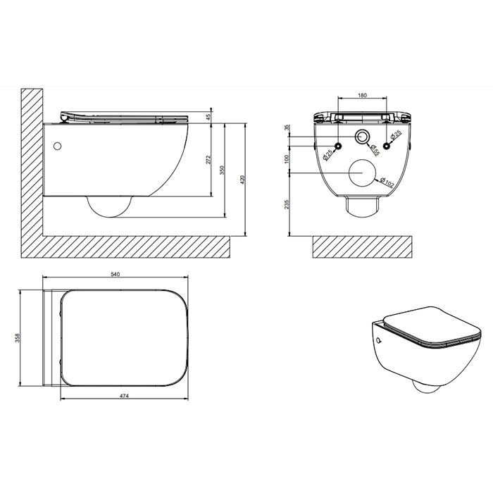GESSI Origini Total Look Унитаз подвесной 474х358х350 мм, с сиденьем микролифт, петли хром, с сифоном, цвет белый