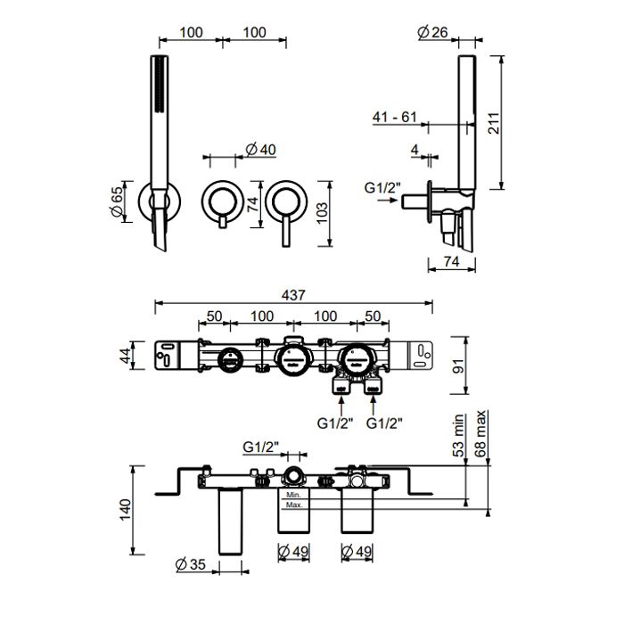Fantini NOSTROMO Смесители встроенный для душа на 2 потока, ручной душ, цвет: Матовая натуральная сталь (без внутренней части)