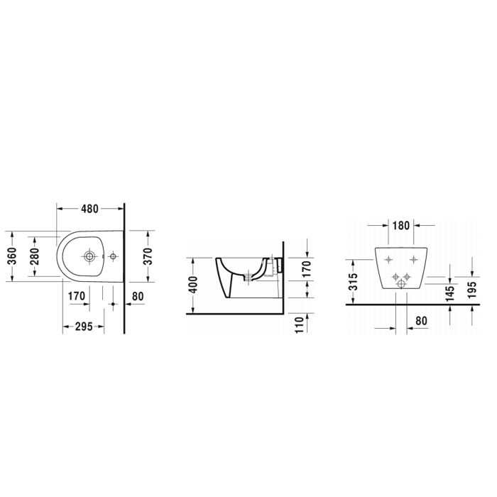 Duravit ME by Starck Биде подвесное "компакт" с перел., с 1 отв. под смес., вкл. крепление Durafix, 370x480мм, Цвет: Белый