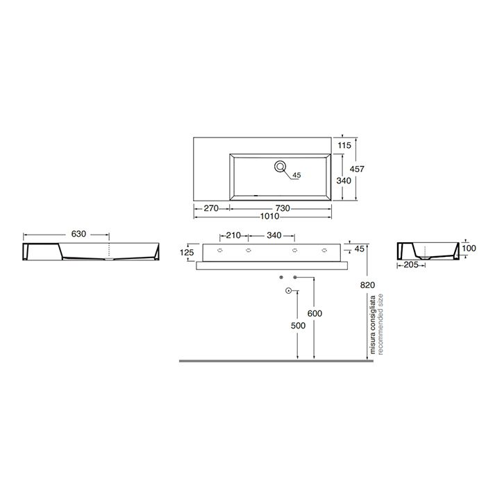 AZZURRA ELEGANCE Squared Раковина подвесная/накладная  102х46х12.5см без отв. под смеситель , цвет белый