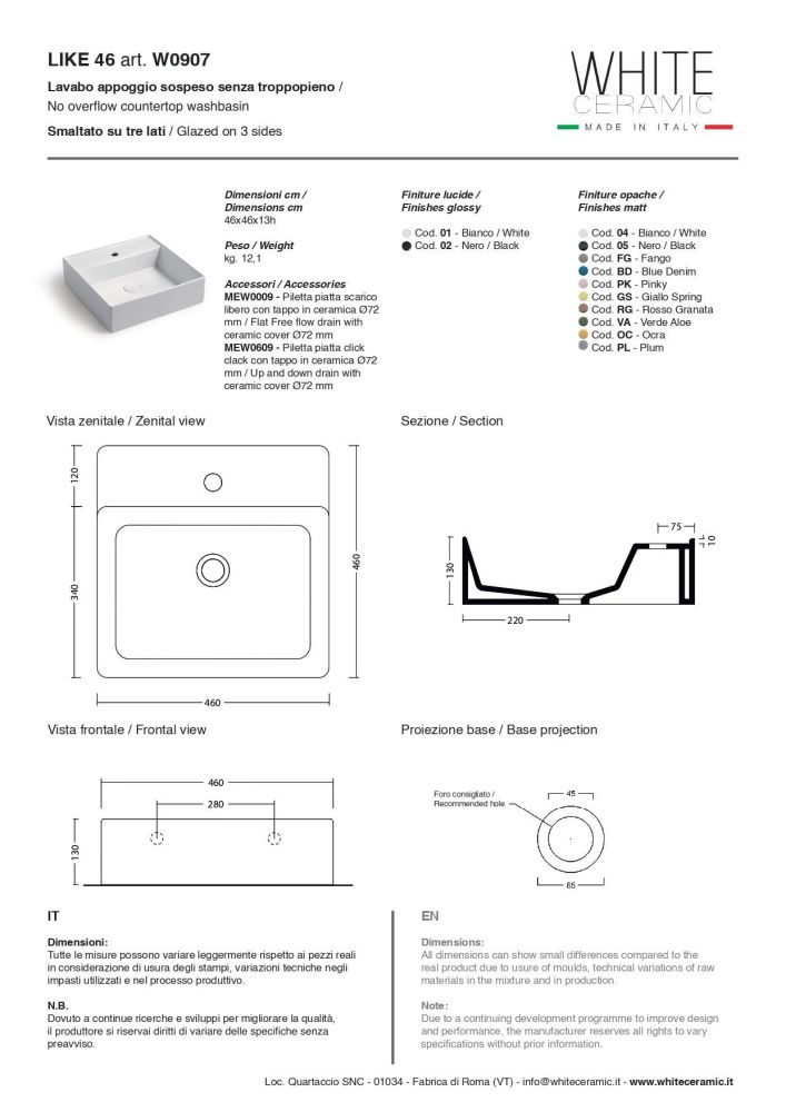 White Ceramic Like, накладная/подвесная прямоугольная раковина с отверстием п/с 46x46x13h см, цвет белый глянцевый, артикул W090701