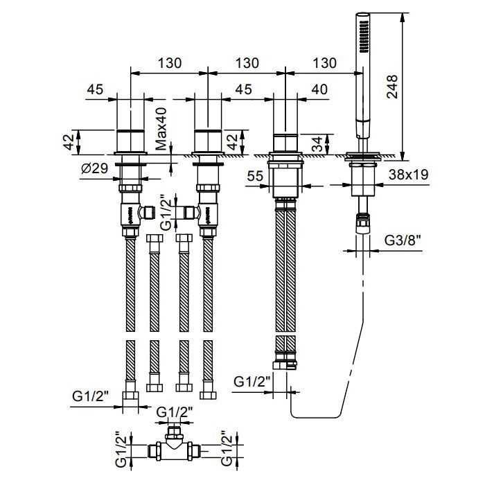 Fantini Mint Смеситель на борт ванны, на 2 источника, 4 отв., с ручн душем, без излива, цвет: хром