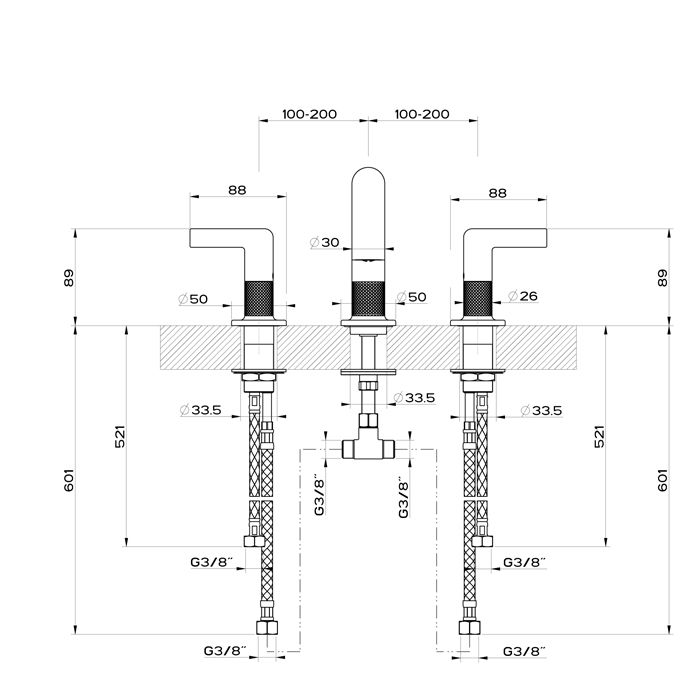 GESSI INCISO Смеситель для раковины на 3 отверстия без донного клапана, излив 140мм, h=145мм Цвет: nero XL