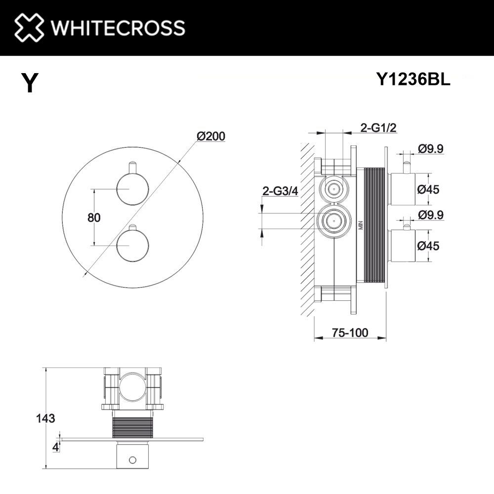 Смеситель термостатический для душа скрытого монтажа WHITECROSS Y Y1236BL (черный мат) Смеситель термостатический для душа скрытого монтажа WHITECROSS Y Y1236BL (черный мат)
