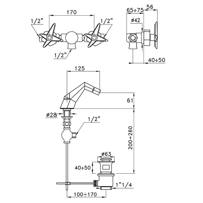 Stella Stella Смеситель для биде на 1 отверстие 3608, с донным клапаном и встраиваемыми ручками, цвет: хром