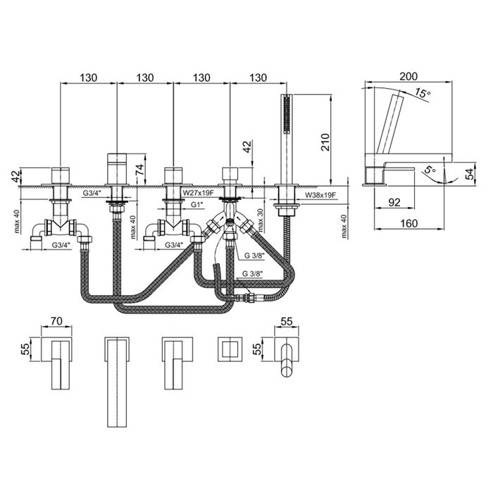 Fantini AR/38 Смеситель на борт ванны, 5 отв, излив 160мм, (без ручек), цвет: хром