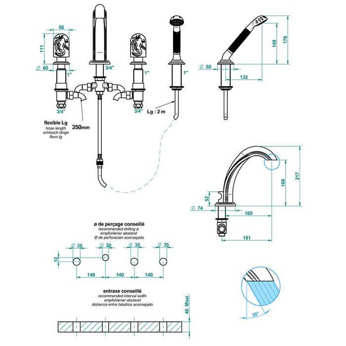 THG NAIADE Cмеситель на борт ванны, на 4 отверстия, с ручным душем, цвет полированное золото