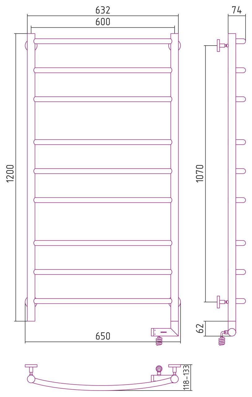Полотенцесушитель электрический "ГАЛАНТ 2.0" 1200х600 / МЭМ правый (Без покрытия)