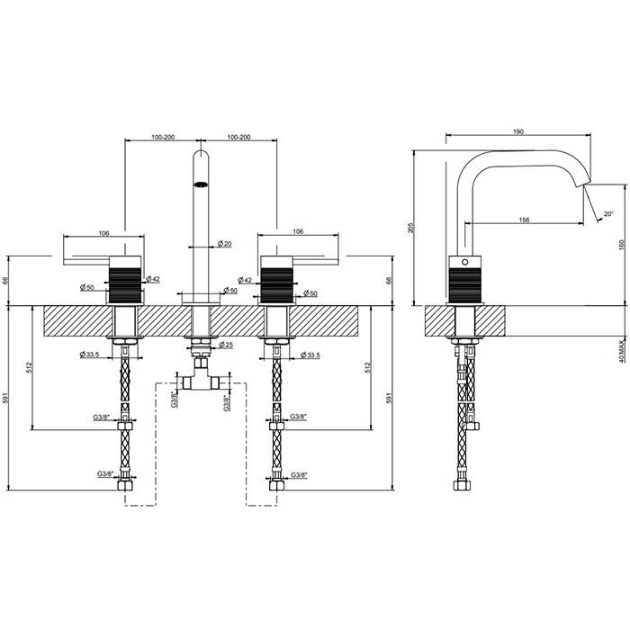 GESSI 316 Смеситель для раковины на 3 отверстия, без донного клапана, излив 156мм, h=201мм, цвет: brushed black metal pvd