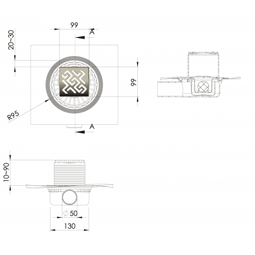 Трап BERGES водосток ZENTRUM Antik 100х100, матовый хром, выпуск D50 H65 боковой
