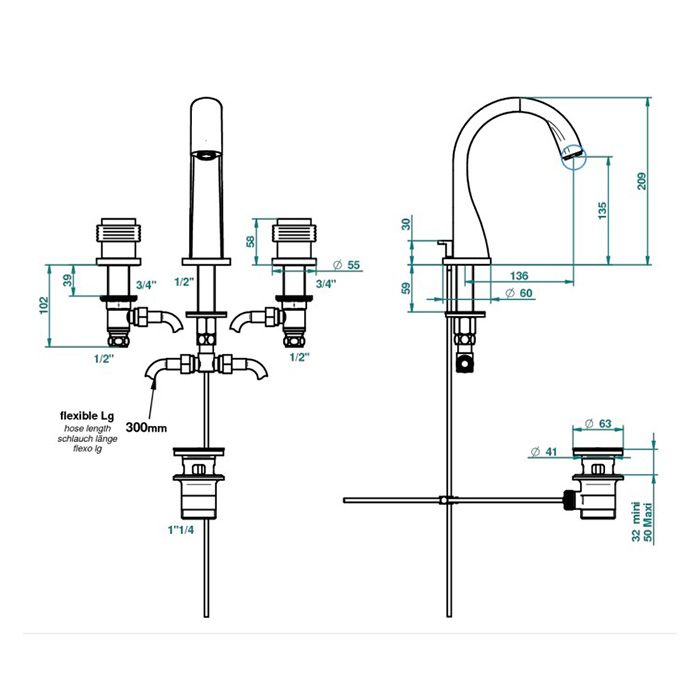 THG DIPLOMATE SMOOTH RINGS Смеситель для раковины на 3 отверстия, с донным клапаном, цвет хром