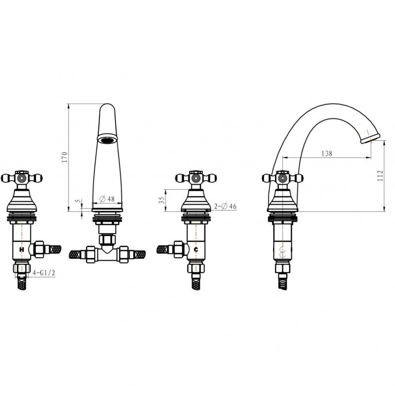 Смеситель для раковины на 3 отверстия TRADIZIONALE ORO