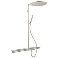 AX  Душевая стойка с термостатом, верхним душем Ø350мм, 1jet, шлангом,  ручным душем и полочкой, цвет: шлифованный никель AX  Душевая стойка с термостатом, верхним душем Ø350мм, 1jet, шлангом,  ручным душем и полочкой, цвет: шлифованный никель