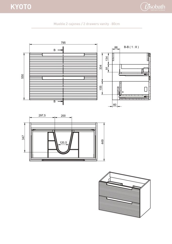 Visobath Kyoto, тумба 80 см, 2 ящика cо скрытыми ручками, цвет кварцевый матовый лак (Quarzo), артикул 76350/Quarzo