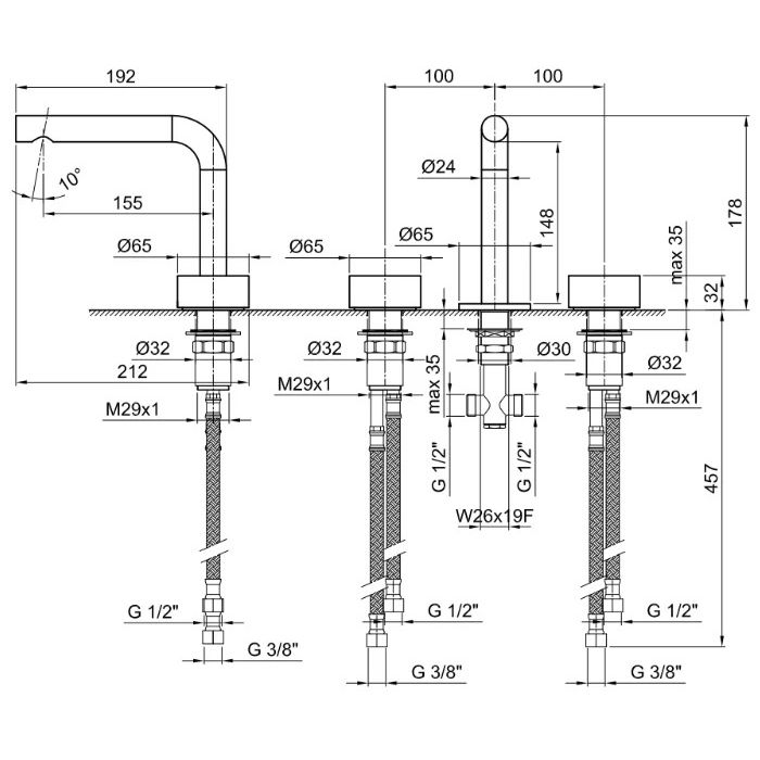 Fantini AF/21 Смеситель для раковины, 3 отв., без донного клапана, излив 155мм, цвет: Matt British Gold PVD