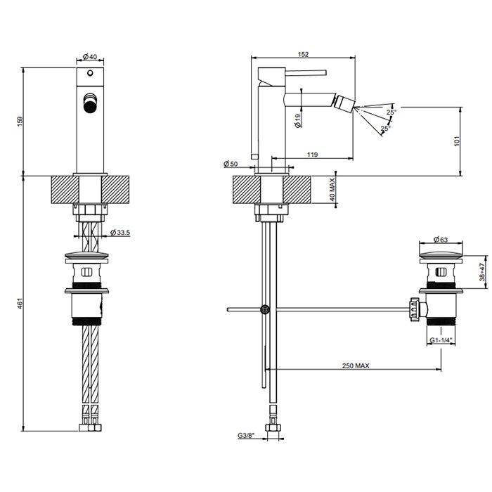 GESSI 316 Смеситель для биде на 1 отверстие с донным клапаном, излив 118мм, цвет: brushed black metal pvd