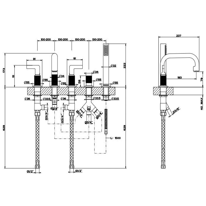 GESSI INCISO Смеситель для ванны на 5 отверстий с изливом, переключателем, ручным душем и шлангом 1,50 м, цвет: хром