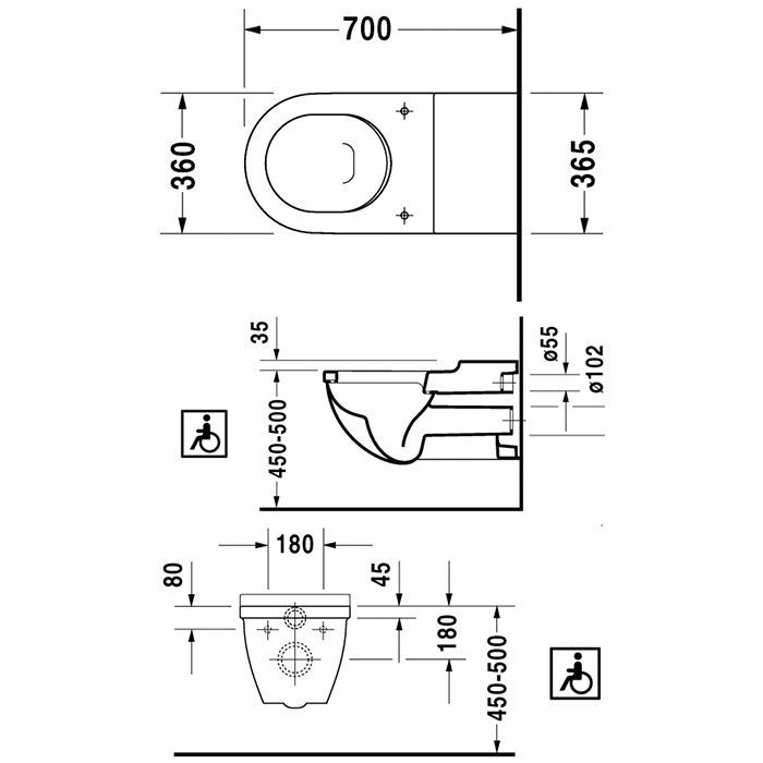 Duravit Starck 3 унитаз подвесной (для инвалидов на колясках),360x700мм,вертикальный смыв,обьем 6 л.,белый