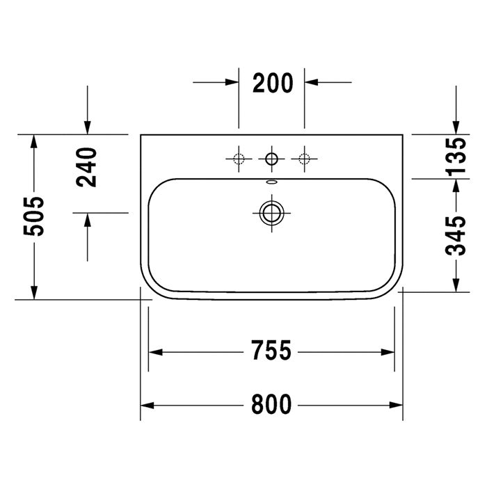 Duravit Happy D.2 Раковина  для мебели шлифованный с перел., с 3 отв. под смес., вкл. заглушку для  перелива, хром, 800x505мм, Цвет: Белый