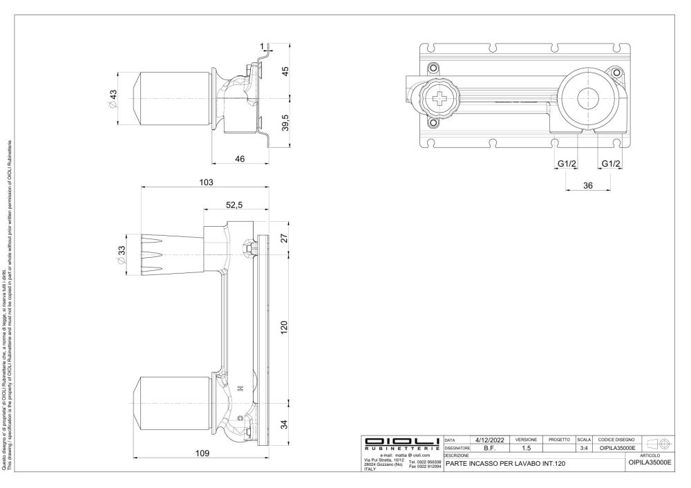 Oioli, внутренняя часть к смесителю для: раковины из стены на 2 отв., душа с набором для душа или гигиенического душа на 2 отв., артикул OIPILA35000E