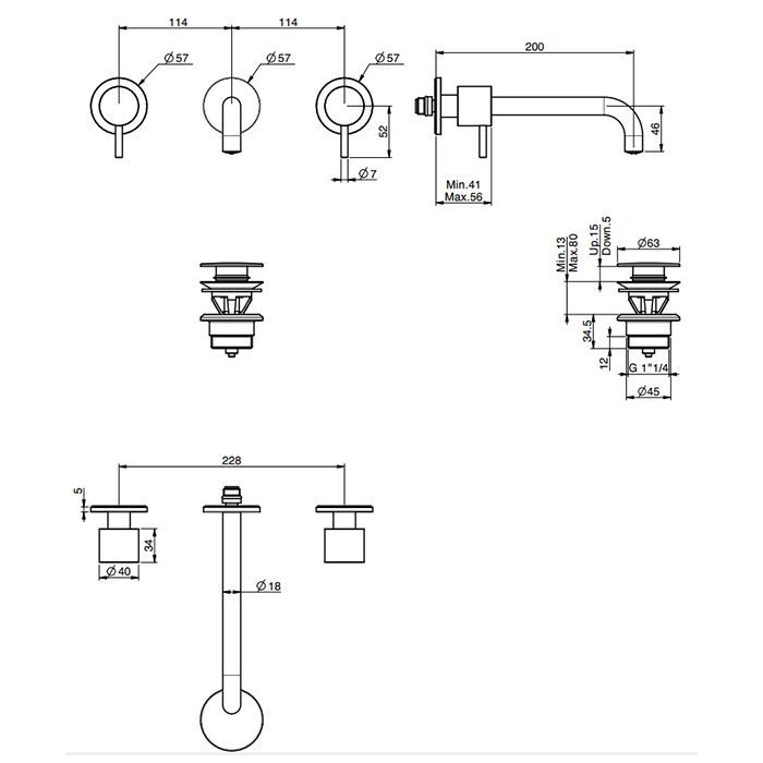FIMA|Carlo Frattini SPILLO UP Смеситель для раковины встраиваемый, двухвентильный, излив 200 мм, с дон клап, внешн часть, цвет  хром, артикул F3161L/5CR