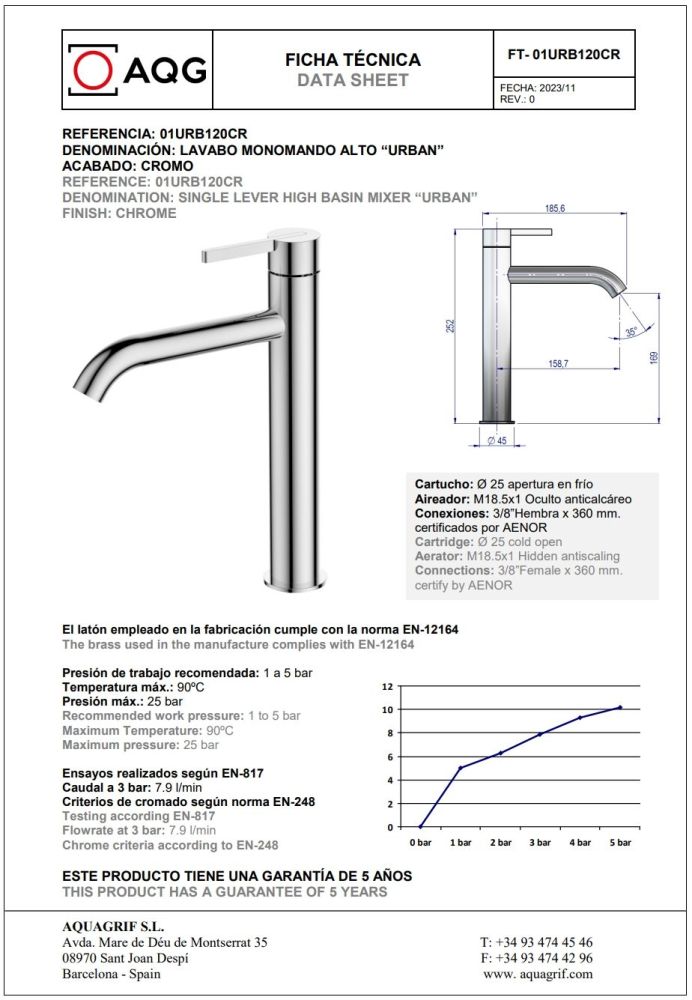 AQG Urban, высокий однорычажный смеситель для раковины без донного клапана, цвет хром, артикул 01URB120CR