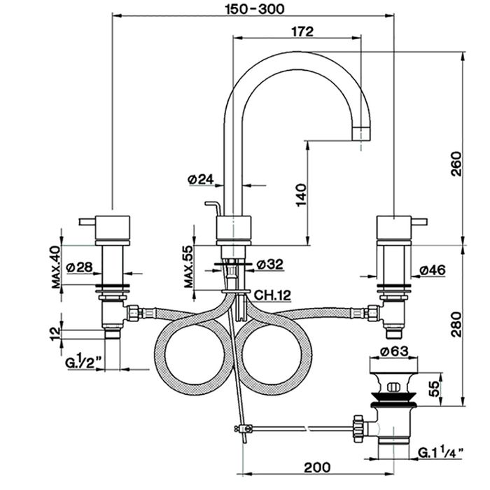 Смеситель для раковины, Cisal, Less New, тип открывания воды-двухвентильный, отверстия для монтажа-3, высота, мм-260, вынос излива, мм-172, донный клапан-есть, цвет-хром